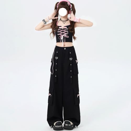 Y2K Grunge Kawaii Gothic Clothes Loose Straight Wide Leg Vintage Bows Rivet Ribbon Decor Casual Cargo Pants2