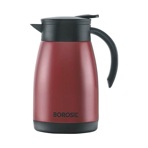 Image of Borosil Stainless Steel Teapot with Handle | Double Wall Vacuum Insulated Thermosteel Carafe | BPA Free Jug for Tea /Coffee & Juice | 18 Hours Hot & 24 Hours Cold | 1 Year Warranty (Red, 750ml)