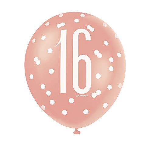 Unique Party 84914 Number Latex Balloons-12 | Rosegold | 6 Pcs, Rose Gold, Age 16
