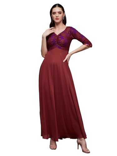 Image of Miss Chase Women's Sweet-Heart Neck 3 /4 Sleeve Self Design Fit & Flare Maxi Dress with Pockets
