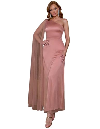 Angel-fashions Robe de soirée élégante à une épaule en maille avec cape transparente fluide pour mariages, fêtes et événements formels, rose foncé, XL