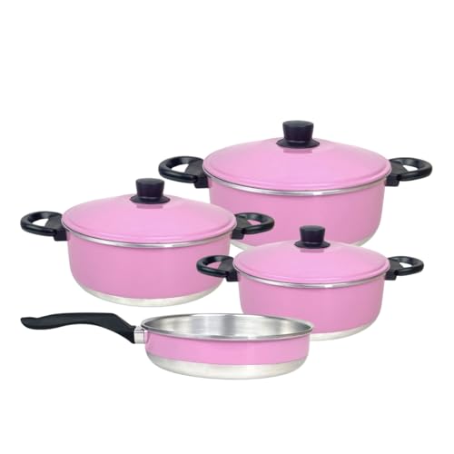 Jogo de Panelas com 3 Caçarolas + 1 Frigideira Rosa Bebê Cabos Re...