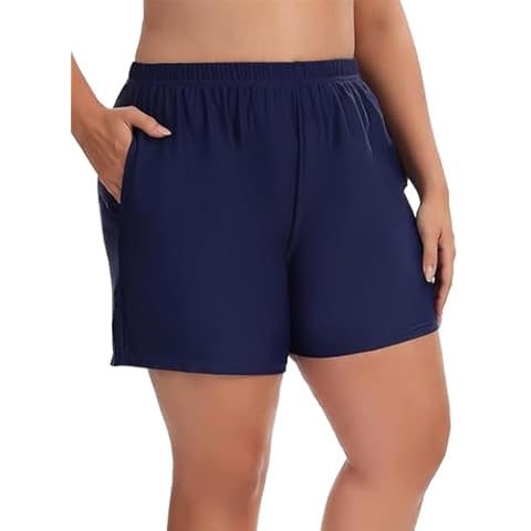 Aderea Women's Plus Swim Shorts Tummy Control Swim Boy Shorts High Waisted Bathing Suit Swimsuit Bikini Bottoms with Pockets 5XL Navy Blue Cover
