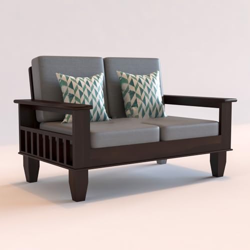 Image of KINGS HOME FURNITURE Sheesham Wooden 2 Seater Sofa for Living Room | Rosewood 2 Seater Cushion Sofa with Side Newspaper Holder for Home & Office | Solid Wood Sofa Set for Lounge (-Mahogany Finish)