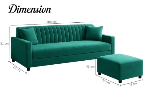 Image of 3-Seater Wooden Sofa Set with Ottoman, Soft Velvet Fabric, Comfortable Couch for Living Room, Office & Apartment - Green Color