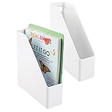 mDesign Plastic Sturdy File Folder Bin Storage Organizer - Vertical with Handle - Holds Notebooks, Binders, Envelopes, Magazines - Container for Home Office and Work Desktops - 2 Pack - White