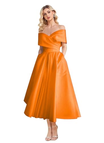 Image of Women's Off Shoulder Wedding Dress for Bride Tea Length A Line Satin Formal Prom Dresses with Pockets