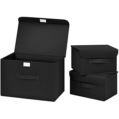DIMJ 3 Pack Foldable Storage Boxes with Lids, Collapsible Storage Bin with Handle, Fabric Storage Basket Organiser Box for Wardrobe, Closet, Shelf, Office (Black) Cover