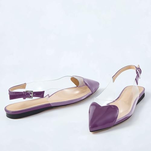 Women's Fashion Pointed Toe Heart Transparent PVC Slingback Flat Shoes Comfort Slip On Cap Toe Clear Ballet Flats Work Wedding Dress Flat Shoes for Women Purple Size 92