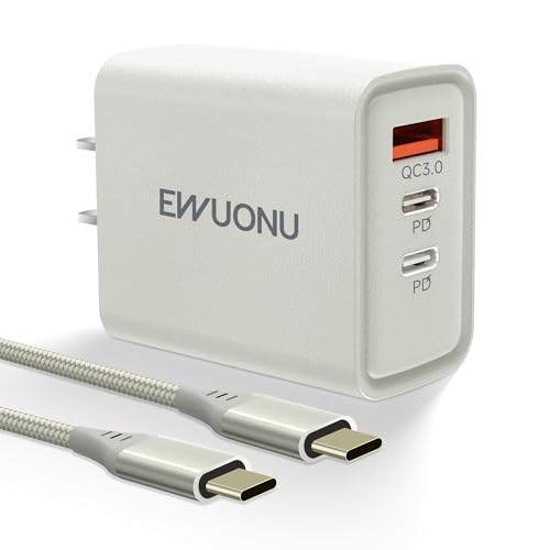 EWUONU 45W USB C Wall Charger Block with 3.3ft Cable, 3Port Fast Charging Plug PD&QC 3.0 Power Adapter for iPhone 15/15 Pro/15 Pro Max/14/13//iPad air6/5/4, S24U/S23U/S22, Earbuds,Google Pixel