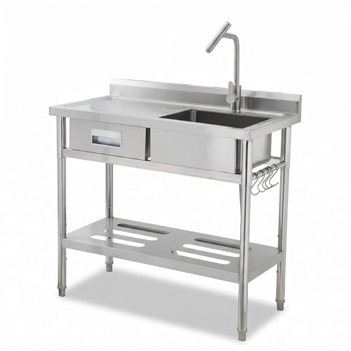 Image of Freestanding Stainless Steel Utility Sink with Hot & Cold Pull-Out Faucet, Large Capacity Laundry Sink with Storage Shelf & Drain Kit for Garage Kitchen Backyard Commercial Use
