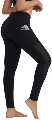 ALONG FIT Women's Mesh Yoga Leggings with Side Pockets Tummy Control Workout Running Capris High Waist Yoga Pants