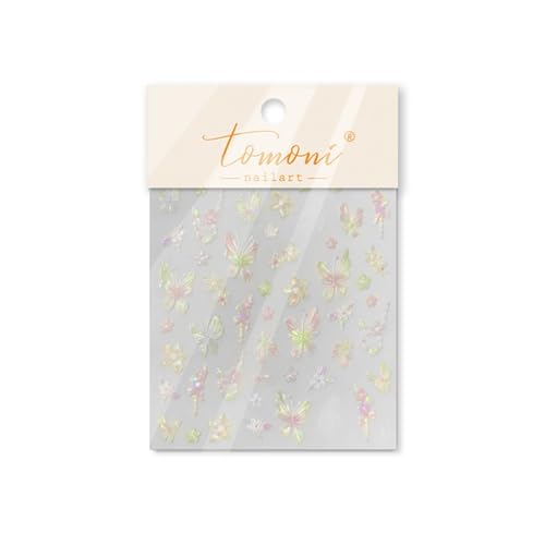 Image of Butterfly Nail Stickers Decals Flower Nail Stickers for Nails Art with Pink Green Ombre Design 5D Embossed Self Adhesive Spring Nails Decals for Women DIY Manicure Supply Decoration Accessories