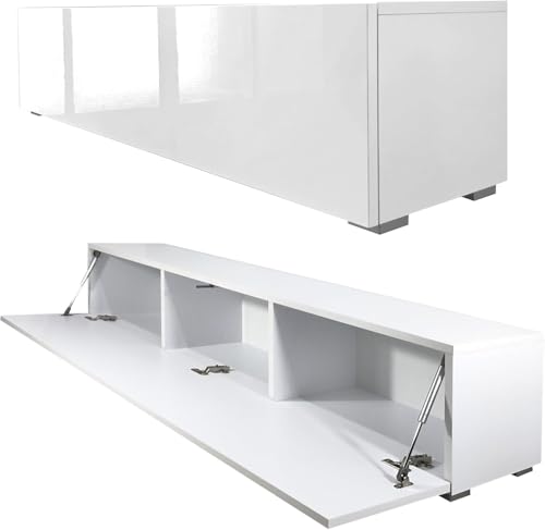 Milionmeblicom Meuble TV De Télé Blanc Brillant Moderne pour Salon Largeur 160 CM Design Table de Television Suspendu avec à Fermeture Amortie