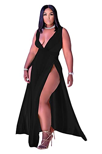 Ekaliy Women'S Plus Size Sleeveless Deep V Neck Front Split Long Maxi Wrap Dress 3Xl Black thumb #1