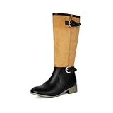 Generisch Damen PU-Leder Runde Zehen Ritterstiefel Zum Reinschlüpfen Kniehohe Stiefel Mit Schnalle Niedrigem Blockabsatz Lange Stiefel,Schwarz,39 EU