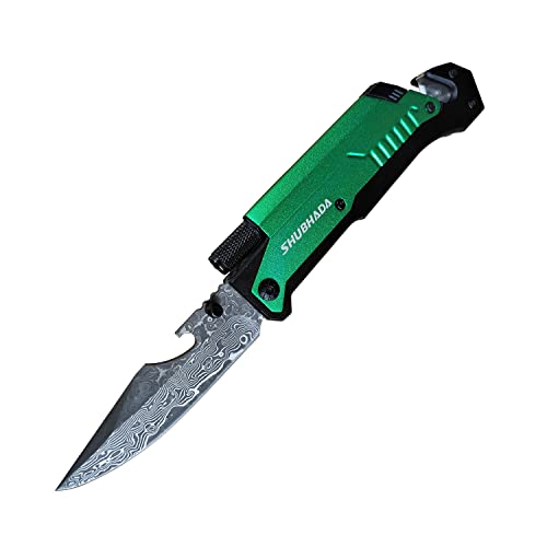 SHUBHADA Damascus Steel Folding Pocket Knives Multi Function Emergency Tool Knives Led Light Magnesium fire starter Seatbelt cutter Glass breaker Bottle opener (Green)