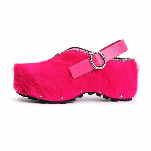 Image of XOBZJH Women's Natural Cow Print Fur Platform Clogs with Decorative Zipper & Adjustable Buckle Strap - Western Slip-On Punk Rivet Mules with Arch Support, Chunky Retro Rustic Style