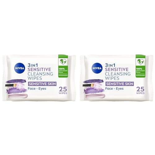NIVEA Biodegradable Cleansing Wipes Sensitive Skin, Wipes from 100 percent Plant Fibres, Sensitive Make-Up Wipes, Face Wipes Makeup Remover, 25 Count (Pack of 2)