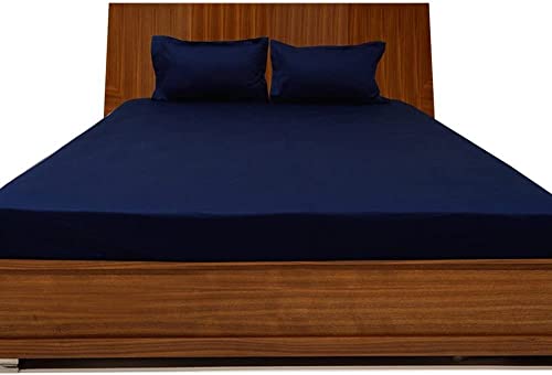 Image of Bed Sheet Double Size Cotton - Pure Egyptian Cotton Double Size BedSheet with Pillow Cover - Solid Navy 600 Thread Count - Stain Resistant, Skin Friendly, Organic Cotton BedSheet