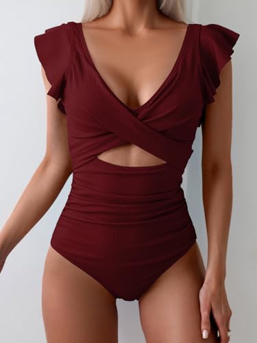 Image of B2prity One Piece Swimsuits for Women Ruffle Sleeve V Neck Bathing Suit Tummy Control Cutout Monokini Slimming Swimwear