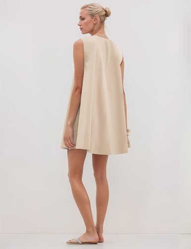 Image of Women Summer Sleeveless Babydoll Mini Dress Scoop Neck Loose Fit Tank Dresses Party Ruched Short Dress with Pockets