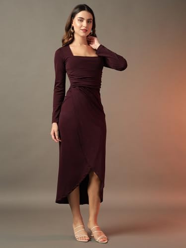 Image of Trend Arrest.ed Women's Bodycon Midi Dress | Square Neck Wrap Style | Stretchable | Full Sleeve Fitted Dress for Party, Evening, Casual Outings & Date Night