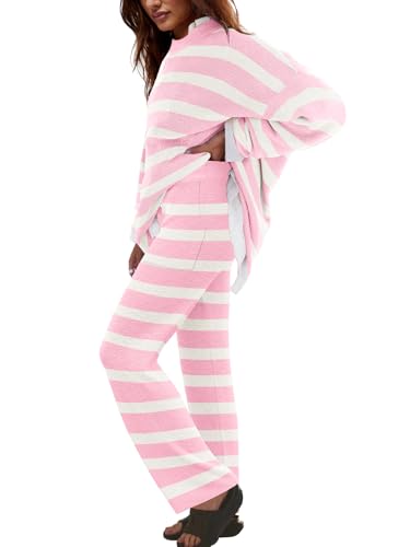 Image of LAMISSCHE Oversized Womens Lounge Set Striped Sweater Set Long Sleeve 2 Piece Pajama Set Top and Pants with Pockets