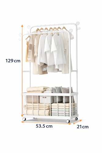 Image of Raawan Heavy Duty Double Rod Clothes Rack with Side Storage Shelves | Metal Garment Stand Organizer | Space Saving Cloth Hanger Stand for Bedroom, Living Room & PG (2 LAYER + BOX WHITE)