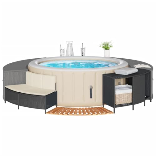 ChicAbode Whirlpool-Umrandung Schwarz Poly-Rattan und Massivholz Akazie Schwimmbecken Poolumrandung
