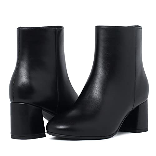 SHEMEE Women's Square Toe Chunky Ankle Booties Block Mid Heel Side Zipper Short Boots3