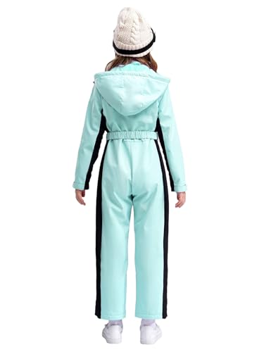 Hansber Kids Girls One Piece Ski Jumpsuit Removable Hooded Snowsuit with Belt Skiing Snowboarding Hooded Coveralls2