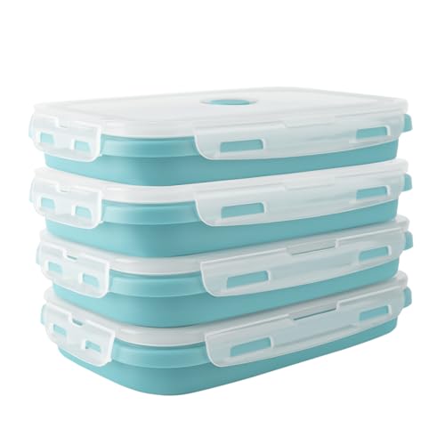 OITUGG Faltbare Brotdose 4 stück - 1200ml Silikon Faltbare Lunch Box mit Deckel, BPA-frei, auslaufsicher, leicht zu reinigen, mikrowellengeeignet, Spülmaschinenfest, 20 x 12 x 7cm, Blau