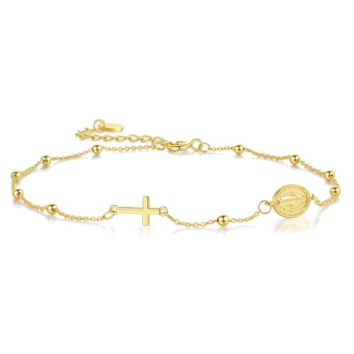 14K Gold Anklets for Women Gold Ankle Bracelets for Women Cross Anklets for Womens with Cross and Jesus Medallion