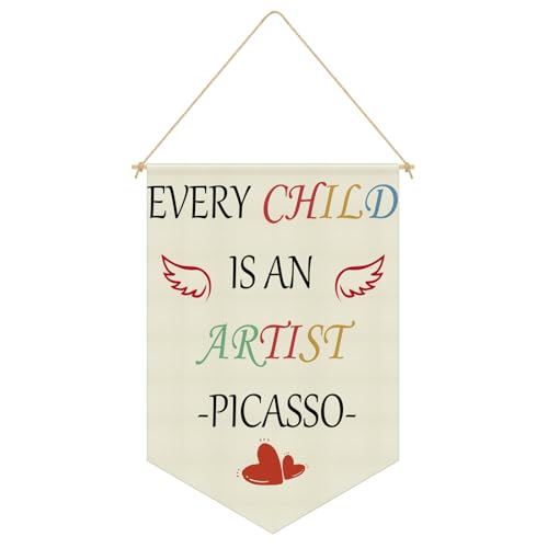 Every Child Is an Artist Quote Wall Hanging Banner Nursery Wall Decor Hanging Pennant Flag Banner Inspirational Quote Decor for Kids Room Nursery Classroom Playroom Bedroom Linen Cotton Flag