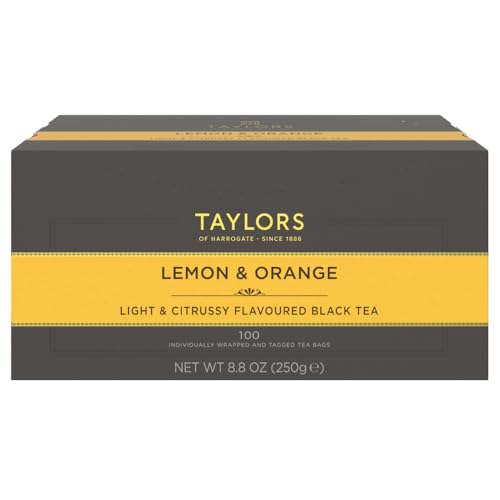 Image of Taylors of Harrogate Lemon & Orange, Black Tea, Individually Wrapped Bags, 100 Count (Pack of 1), Citrussy, Fragrant and Light, Caffeinated, Enjoy Hot or Iced, 100 Teabags