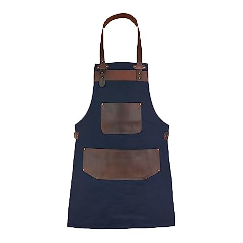 Top Grain Leather Blue Canvas BBQ Apron Cover