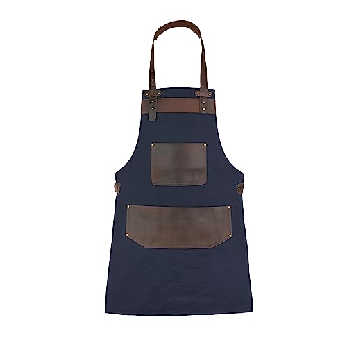 Leathershire Full Grain Leather Canvas Apron Butcher DIY BBQ Cooking Blacksmith Barber woodwork apron (Blue)