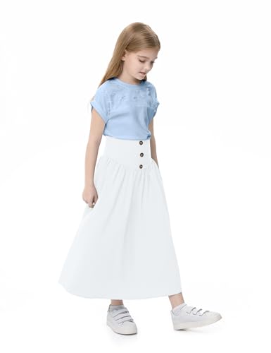 Image of Girl Maxi Skirt Elastic High Waist A-Line Long Skirt Smocked Waistband with Drawstring and Pockets 3-12 Years