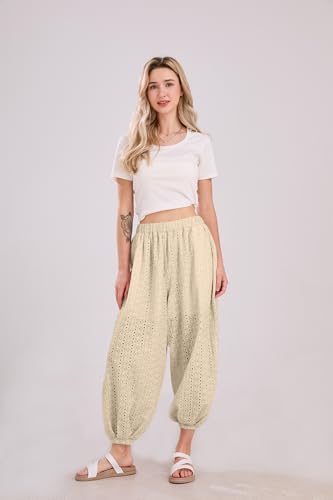 utcoco Womens Eyelet Lace Beach Palazzo Harem Pants Casual Loose Embroidery High Waist Cotton Trousers with Pockets4