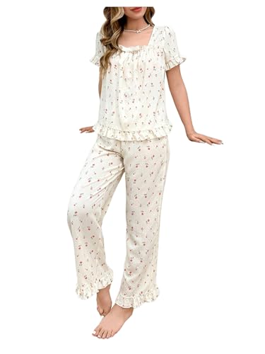 Verdusa Women's 2 Piece Pajama Sets Floral Print Puff Sleeve Bow Front Square Neck Short Sleeve Top and Pants Pajama Set