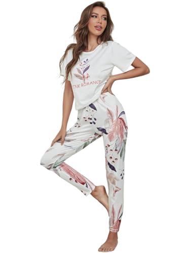 Image of TAGAS Women's Looper Fabric Night Suit Set - Soft Short Sleeve Printed Top with Floral Pajama Pants - Breathable Lightweight 2-Piece Sleepwear & Loungewear Set for Ladies