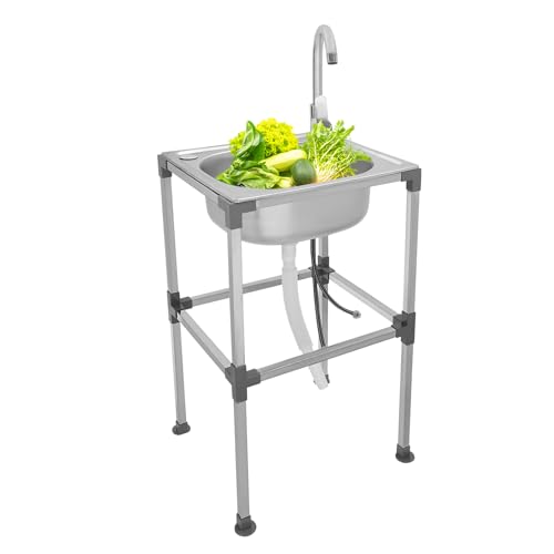 Rostfrei Edelstahl Waschbecken für den Außenbereich Freistehende Mobile Spültisch Schnelle Montage Einzelne Schale Becken Waschbecken Gewerbliche Küchenspüle mit Wasserhahn (42 * 37 * 75cm)