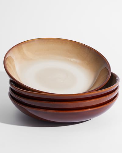 Image of 8.75'' Ceramic Pasta Bowls Set of 4, Salad Bowls Pasta Serving Bowls | 32Oz Versatile Serving Bowls for Pasta, Salad, Fruit & Noodles, Soup Bowls Sets, Stoneware Pasta Plates, Brown Yellow