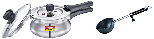 Image of Prestige Deluxe Alpha Svachh Stainless Steel Outer Lid Pressure Cooker 1.5 Liters With Glass Lid & Prestige Aluminium Hard Anodised Tadka Pan, 10 Cm, Black