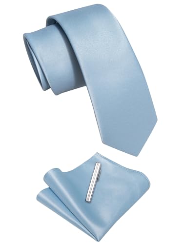 Image of YourTies Skinny Ties for Men Satin 2.4 inch Slim Necktie with Pocket Square Tie Clip Set Solid Color Wedding Party Business