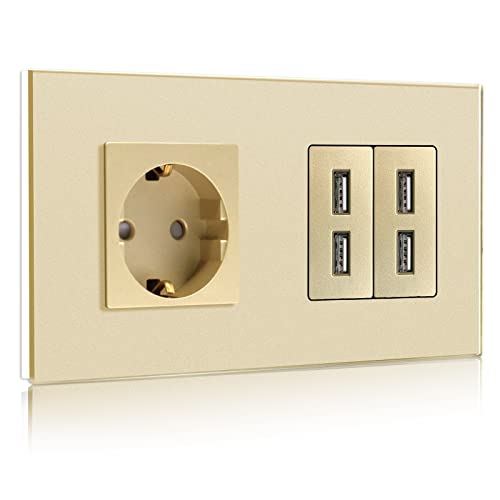BSEED Schuko Steckdose mit USB Gold Glas 16 Amp Steckdose 5.8A Doppel USB 157mm Wandsteckdose Verlängerungssteckdosen