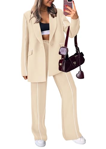 PRETTYGARDEN Women's Fall Spring 2 Piece Blazer Outfits Business Casual Oversized Jacket Wide Leg Work Pants Dressy Suit Set (Beige,Large)