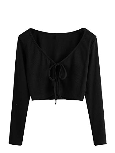 SweatyRocks Women's Tie Up Crop Top Long Sleeve Ribbed Knit Open Cardigan Tees Black L