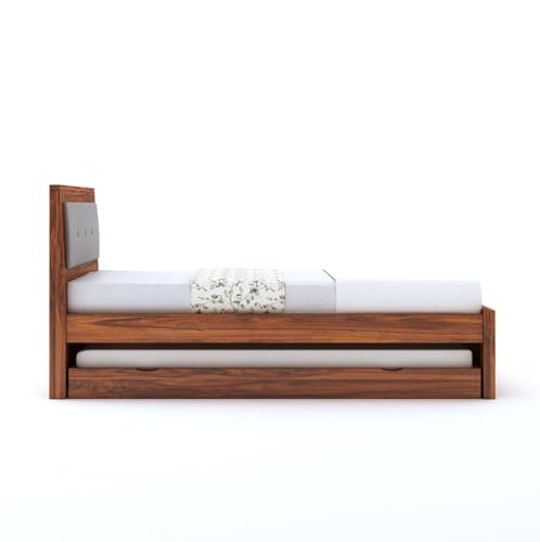 Image of Ganpati Arts Sheesham Wood Euro Single Size Trundle Bed with 1 Extra Pullout Bed for Bedroom Living Room Hostel Home (Natural Finish)